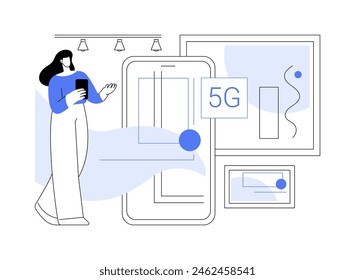 Augmented reality experience with 5G isolated cartoon vector illustrations. Usage of AR in museum, high resolution virtual reality image with 5G technology connectivity vector cartoon.