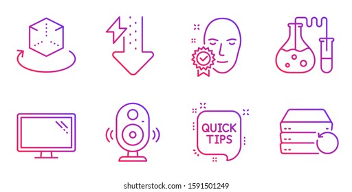 Augmented reality, Face verified and Energy drops line icons set. Quick tips, Monitor and Chemistry lab signs. Speaker, Recovery server symbols. Virtual reality, Access granted. Science set. Vector