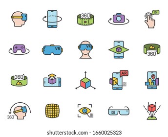 Augmented reality filled outline icon set. AR and VR two color line icons isolated on white background. Virtual and augmented reality vector illustrations for web, mobile app, ui design and print.