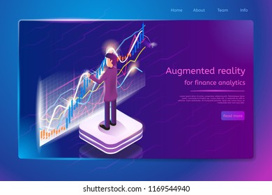 Augmented Reality for Finance Analytics Isometric web Banner with Businessman Analyzing Indicators Curves on Virtual Infographics. Financial Analytics Online Service Web Page Template with Hyperlinks