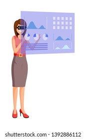 Augmented reality flat vector illustration. Virtual reality and AR digital technologies, futuristic innovation isolated design element. Cartoon businesswoman in VR headset using virtual interface
