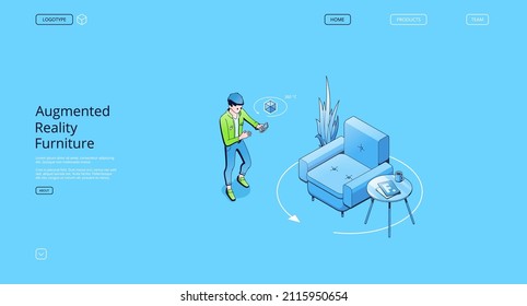 Augmented reality furniture banner. AR technologies, smart app for mobile phone with virtual interior store catalog. Vector landing page with isometric man with smartphone, armchair and table