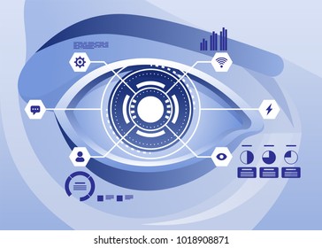 Augmented reality and future Biotech technology concept. Futuristic hologram over eye looking at virtual graphics. Vector illustration