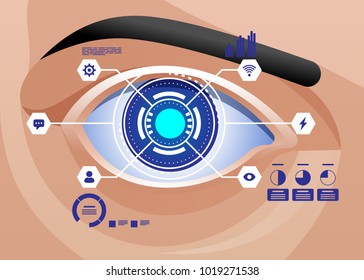 Augmented reality and future Biotech technology concept. Futuristic hologram over eye looking at virtual graphics. Vector illustration