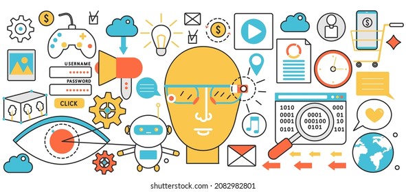 Augmented reality future cyber technology. Wearable futuristic vr eye glasses, hardware for games and virtual communication, smart equipment in infographic concept banner, thin line art design