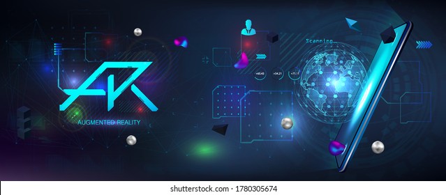 Augmented reality futuristic poster. Modern design smartphone app UI, UX, KIT with AR, VR technology. 3D logo and Mobile phone. Neon design banner with digital elements and AR logo. Vector