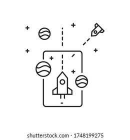 Augmented reality in game black line icon. Space projection in a tablet. Pictogram for web page, mobile app, promo. UI UX GUI design element.