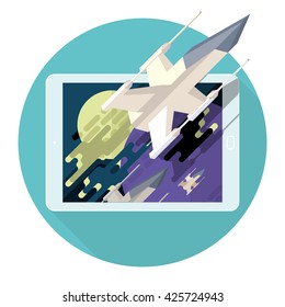 Augmented reality in game for the mobile device. Spaceship in star space. Action, battle