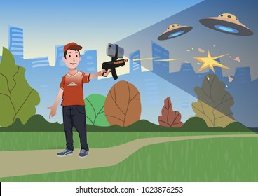 Augmented reality games. Boy with AR gun playing a shooter. Game weapon with mobile phone. Vector illustration in flat style.