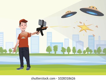 Augmented reality games. Boy with AR gun playing a shooter. Game weapon with mobile phone. Vector illustration in flat style.