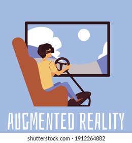 Augmented Reality Gaming Concept, Cartoon Man In VR Glasses Driving Car With Toy Wheel Sitting In Front Of TV Screen. Vector Illustration Of Gamer Playing Race Game.