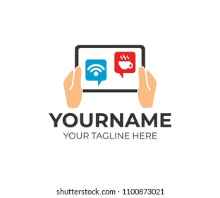 Augmented reality, geolocation and hands holding tablet, smartphone, logo template. AR application, simulator and service, vector design. Augmented reality  to check information about city space