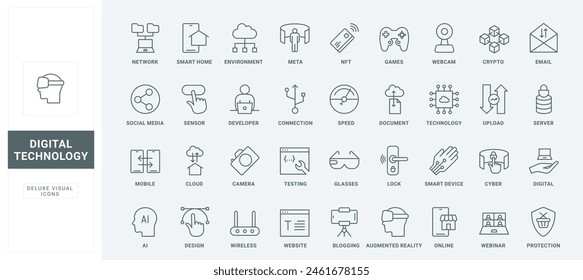 Augmented reality glasses, connection to server and cyber protection of digital data, smart home and device thin black and red outline symbols, vector illustration. AI technology line icons set