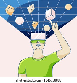 Augmented reality glasses illustration man looking up into virtual reality, concept