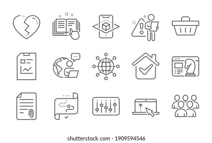 Augmented reality, Group and Target path line icons set. International globe, Seo strategy and Technical documentation signs. Shopping basket, Broken heart and Attachment symbols. Vector