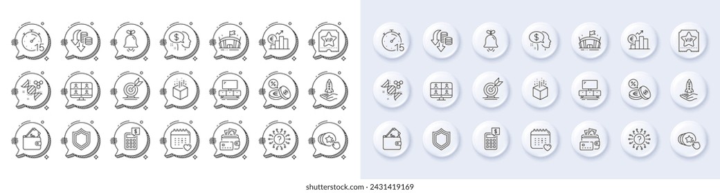 Augmented Reality, Hold Heart und Deflation Line Icons. Weiße Pin-3D-Tasten, Chatblasen-Symbole. Packung Gesundheitskalender, Videokonferenz, Arena-Symbol. Geld, Rechner, Brieftaschen-Piktogramm. Vektor