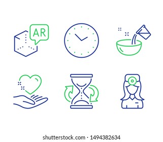 Augmented reality, Hold heart and Hourglass line icons set. Cooking water, Time and Oculist doctor signs. Virtual reality, Care love, Sand watch. Glass. Business set. Vector