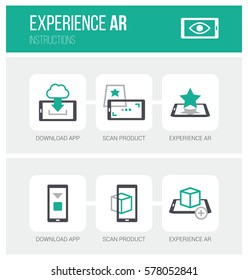 Augmented Reality, How It Works And Step By Step Procedure: App Download, Product Scan And Ar Experience, Icons Set