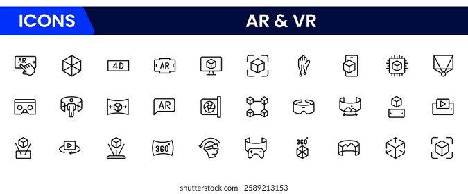 Augmented Reality icon element sets. Includes Virtual Reality, View, Cctv, Headphone, and More. Outline icons vector collection.