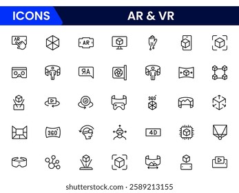 Augmented Reality icon element sets. Includes Virtual Reality, View, Cctv, Headphone, and More. Outline icons vector collection.