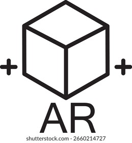 An augmented reality icon with geometric cube, plus signs, and bold ar letters, representing digital technology, innovation, and interactive experience in modern, minimalistic style