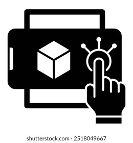 Ícone de realidade aumentada. Toque com a mão em uma tela Exibindo um cubo 3D, Representando a tecnologia AR em estilo plano.