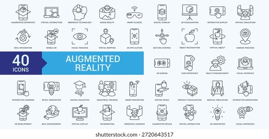 Vector de ilustración de paquete de iconos de realidad aumentada con experiencia aumentada, interacción virtual, tecnología inmersiva, realidad mixta, gafas inteligentes, superposición digital, visualización 3D