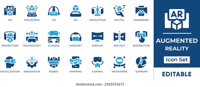 Augmented Reality Icon Set. Features editable icons for AR, VR, augmented reality, virtual reality, and more. Perfect for tech companies, developers, and anyone interested in AR, and VR technology.