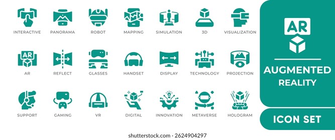 Augmented Reality Icon Set. Includes vector icons of AR glasses, 3D overlay, smart devices, and virtual tech. Perfect for AR apps, UX-UI, and future tech projects.