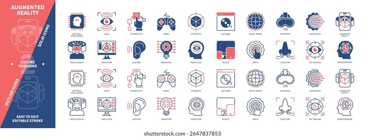Conjunto de ícones de realidade aumentada. Tecnologia, Interatividade, Inteligência Artificial, Inovação, Acompanhamento Ocular, Virtual, Objeto 3D, Headset VR. Ícones de contorno sólido e editável de cor duotônica