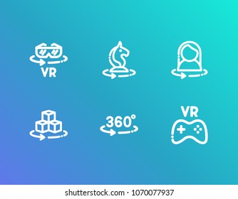 Augmented reality icon set and vr game with vr woman gamer, 360 rotate and vr chess game. 3d glasses related augmented reality icon vector for web UI logo design.