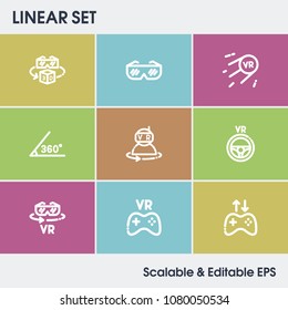 Augmented reality icon set and vr glasses with vr future, vr game and 360 angle. Futuristic related augmented reality icon vector for web UI logo design.