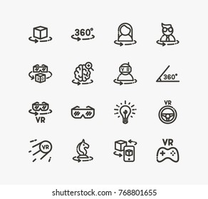 Augmented reality icon set with VR glasses, VR goggles and driving. Set of steering wheel related icon line vector elements for web mobile logo UI design. Vector set of VR related icons.