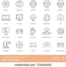 Augmented reality icons including 360 AR, sphere, helmet, headset, glasses, laptop, computer, hologram, backpack, GPS, touch controller, joystick, wired gloves, holo smart watch, image, surgery, game.