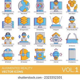Augmented Reality Icons including 360 Image, 3D Modeling, AR App, Backpack,  Commerce, Development, Education, Entertainment, Game, Glasses, Headset, Healthcare