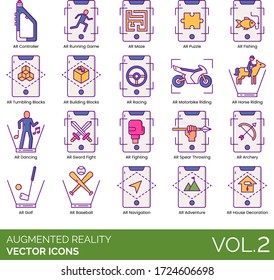 Augmented reality icons including AR controller, running game, maze, puzzle, fishing, tumbling blocks, building, racing, motorbike, horse riding, dancing, sword, fighting, archery, golf, baseball.