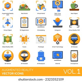 Augmented Reality Icons including Image, 3D, Modeling, Registration, App, Backpack, Commerce,  Development, Education, Entertainment, Game, Glasses, Headset, Virtual Tour, Virtual World, Virtual X Ray