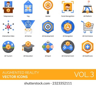 Augmented Reality Icons including Image, 3D, Modeling, Registration, App, Backpack, Commerce,  Development, Education, Entertainment, Game, Glasses, Headset, Virtual Tour, Virtual World, Virtual X Ray