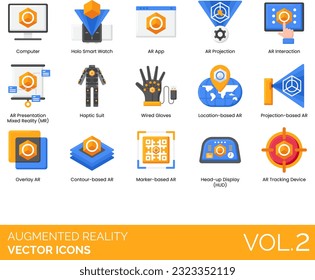 Augmented Reality Icons including Image, 3D, Modeling, Registration, App, Backpack, Commerce,  Development, Education, Entertainment, Game, Glasses, Headset, Virtual Tour, Virtual World, Virtual X Ray