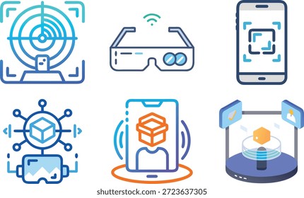 Symbole für erweiterte Realität für AR-Technologie, virtuelles Overlay, intelligente Geräte, interaktive Erfahrung und zukünftiges digitales Design