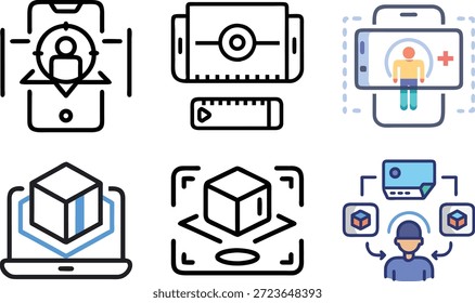 Conjunto de iconos de realidad aumentada para Tecnología AR, superposición virtual, dispositivos inteligentes, experiencia interactiva y futuro diseño digital