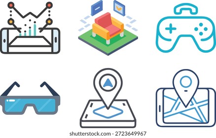 Conjunto de iconos de realidad aumentada para Tecnología AR, superposición virtual, dispositivos inteligentes, experiencia interactiva y futuro diseño digital