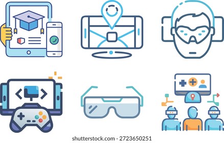 Conjunto de iconos de realidad aumentada para Tecnología AR, superposición virtual, dispositivos inteligentes, experiencia interactiva y futuro diseño digital