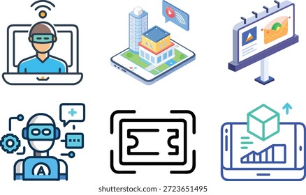 Conjunto de iconos de realidad aumentada para Tecnología AR, superposición virtual, dispositivos inteligentes, experiencia interactiva y futuro diseño digital