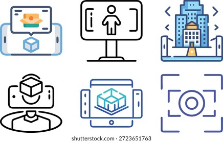 Conjunto de iconos de realidad aumentada para Tecnología AR, superposición virtual, dispositivos inteligentes, experiencia interactiva y futuro diseño digital