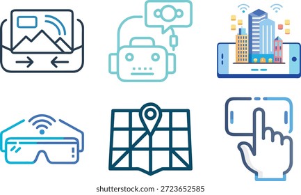 Conjunto de iconos de realidad aumentada para Tecnología AR, superposición virtual, dispositivos inteligentes, experiencia interactiva y futuro diseño digital
