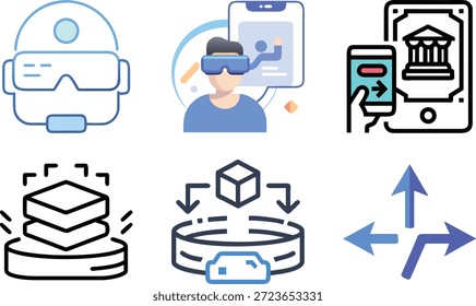 Conjunto de iconos de realidad aumentada para Tecnología AR, superposición virtual, dispositivos inteligentes, experiencia interactiva y futuro diseño digital