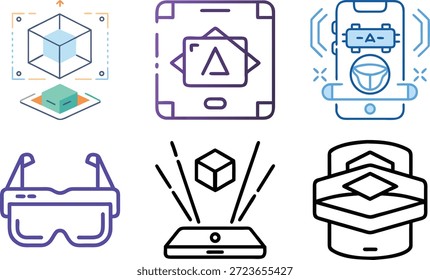 Conjunto de iconos de realidad aumentada para Tecnología AR, superposición virtual, dispositivos inteligentes, experiencia interactiva y futuro diseño digital