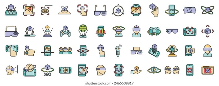 Augmented reality icons set outline vector. Virtual reality. Cube 360 thin line color flat on white