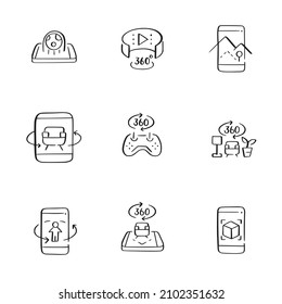 Symbol für erweiterte Realität gesetzt. Verwendung in Mobiltelefonen und Tablet-PCs für Spiele, Shopping und Navigation. Handgezeichnete Skizzensymbole